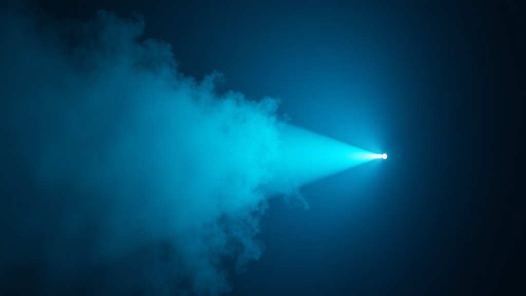 Cyan neon beam cutting through dense smoke